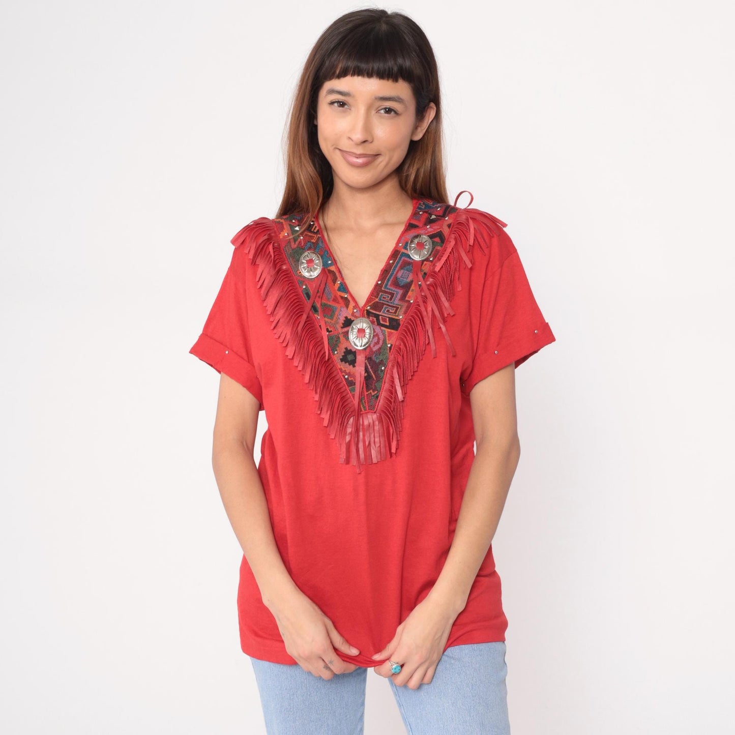 90s Joanie W. Southwestern Fringe Tunic Red Concho Embroidered V-Neck Medium