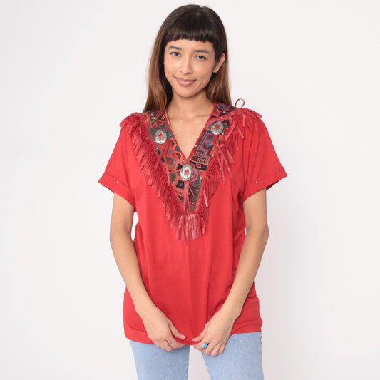 90s Joanie W. Southwestern Fringe Tunic Red Concho Embroidered V-Neck Medium