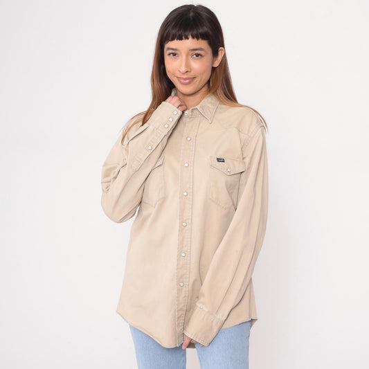 90s Wrangler Western Shirt Beige Cotton Pearl Snap Workwear Extra Large XL