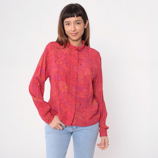 90s Evan Picone Coral Paisley Blouse Long Sleeve Pointed Collar Medium