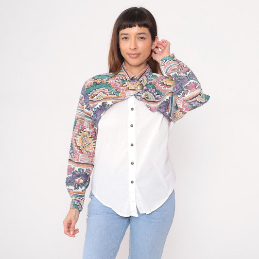 90s Rough Rider Western Shirt Southwestern Geometric Print Cotton Medium