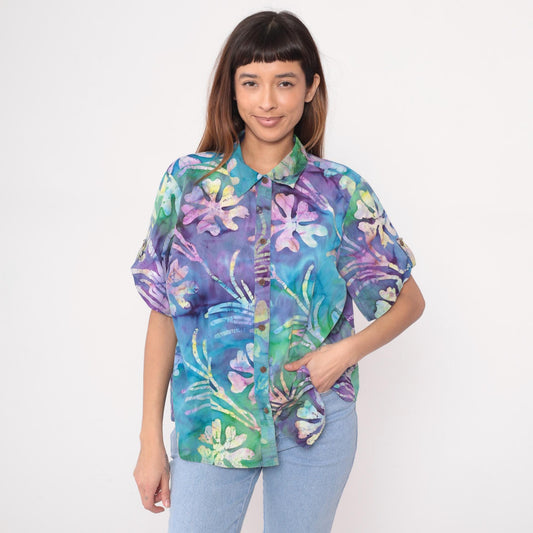 Y2K Caribbean Joe Tropical Floral Button-Up Shirt Purple Blue Green Plus Size 1X