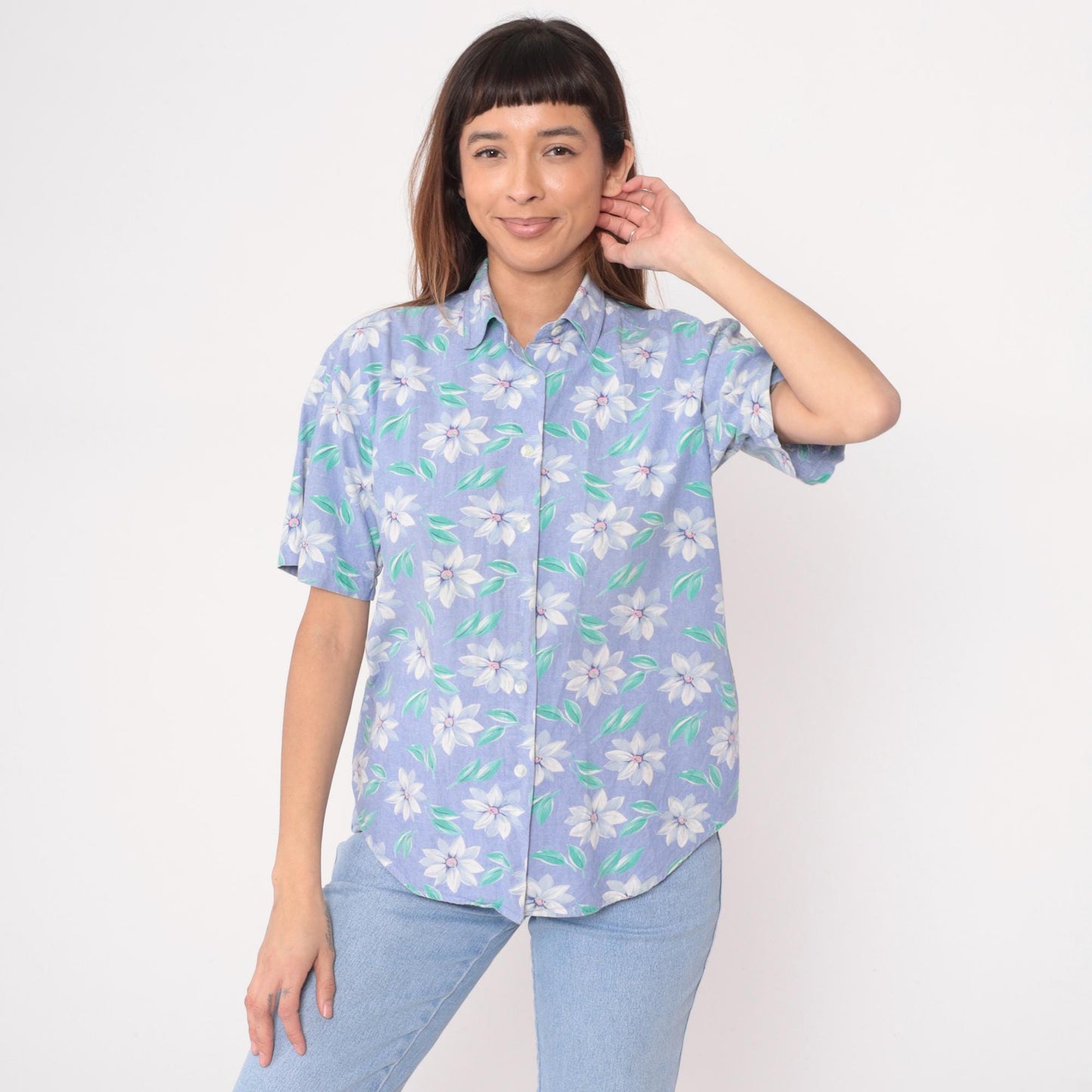 90s Picone Sport Purple Floral Cotton Blouse Short Sleeve Collared Small