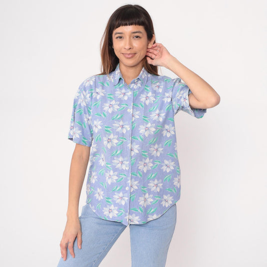 90s Picone Sport Purple Floral Cotton Blouse Short Sleeve Collared Small