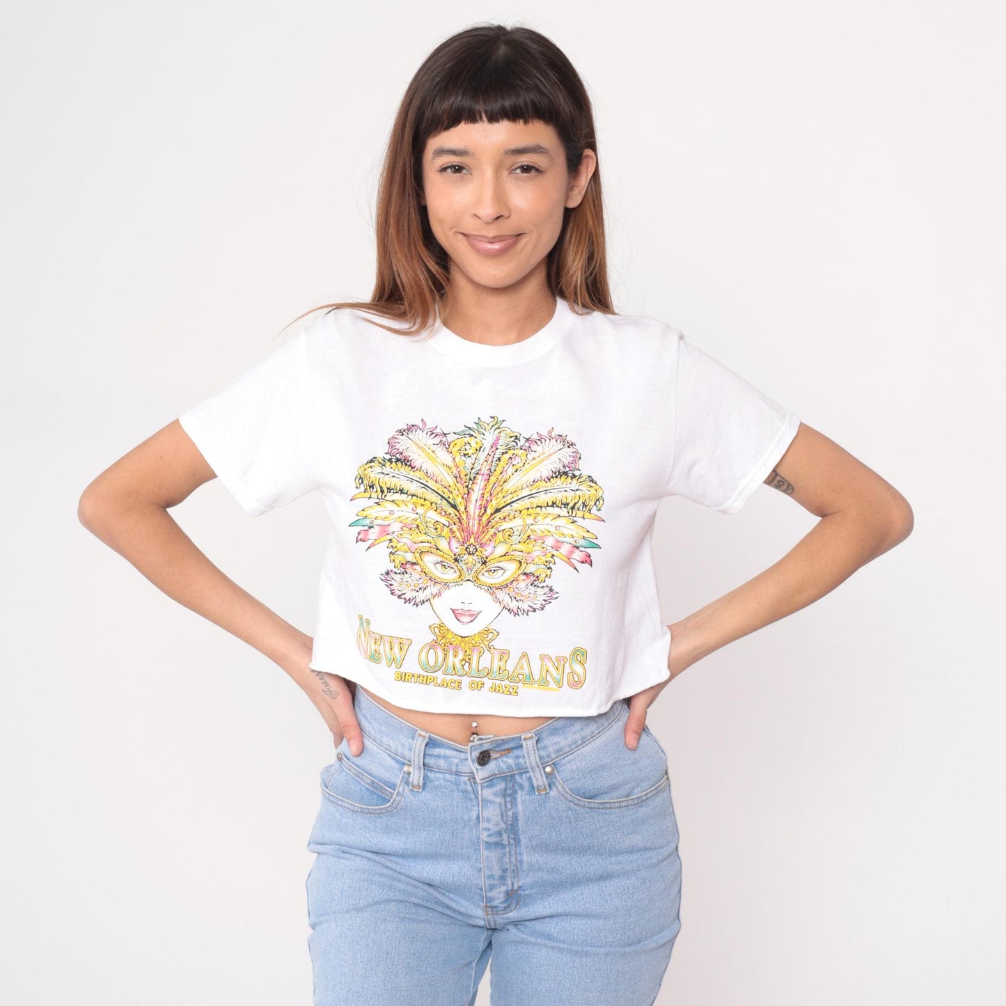 90s New Orleans Jazz Mardi Gras Crop Top White Graphic Tee Small S