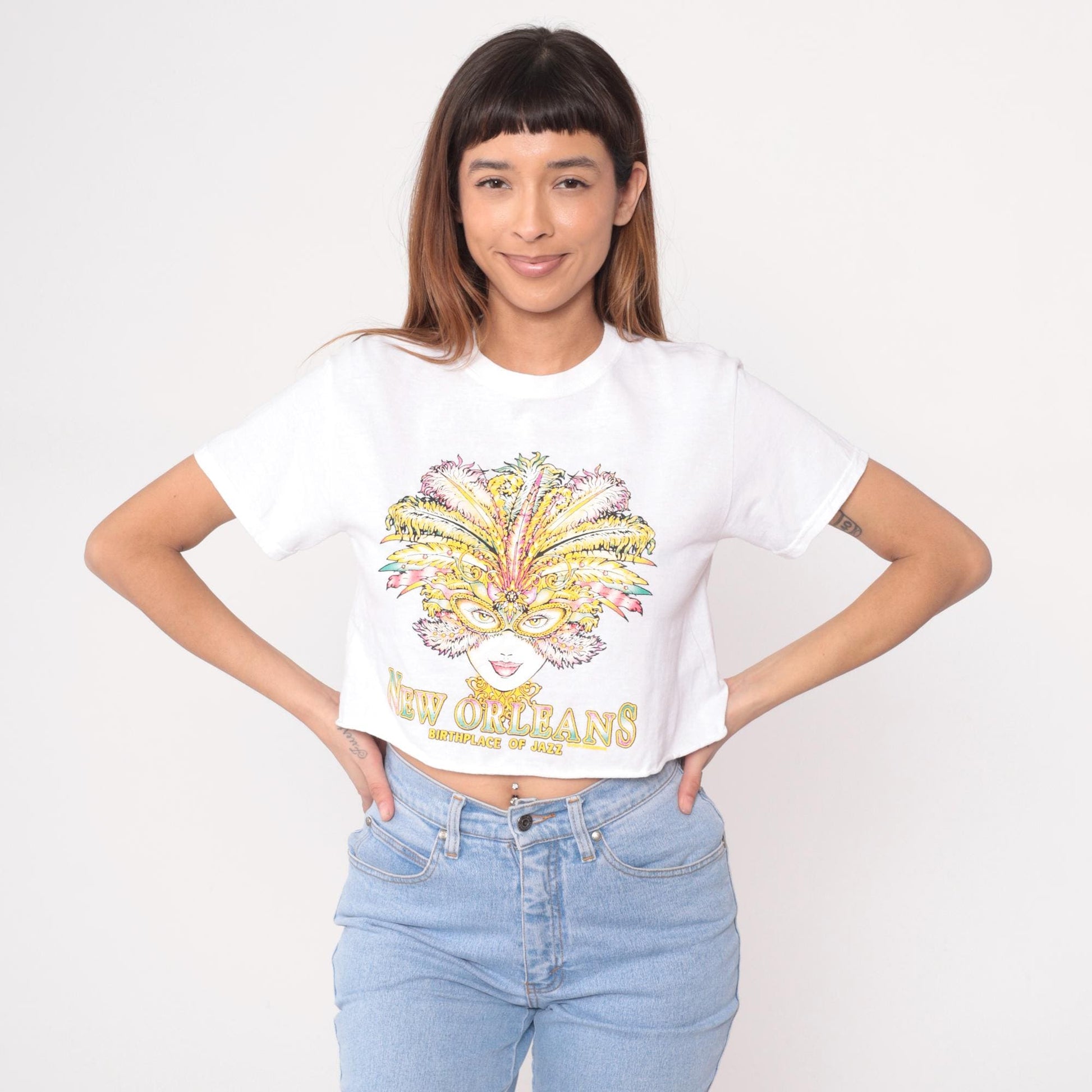 90s New Orleans Jazz Mardi Gras Crop Top White Graphic Tee Small S