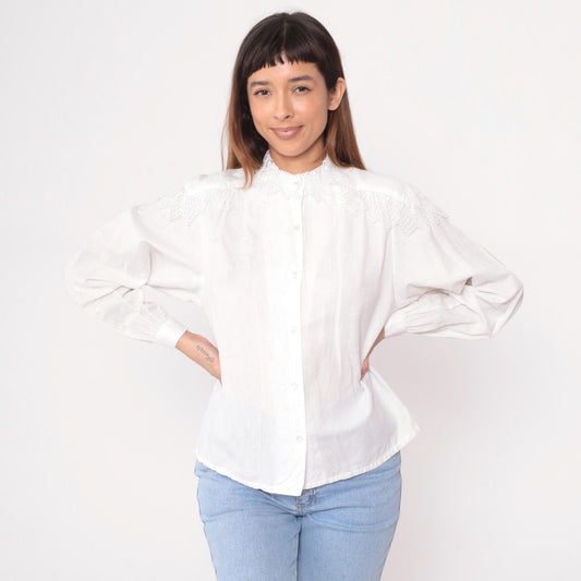 90s Carol Bird White Blouse Embroidered Lace Yoke Smocked Shoulders Medium