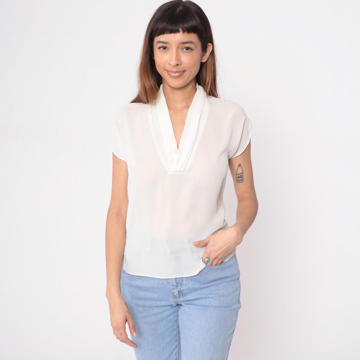 90s Oui Petites Cream Sheer Blouse V-Neck Cap Sleeve Small