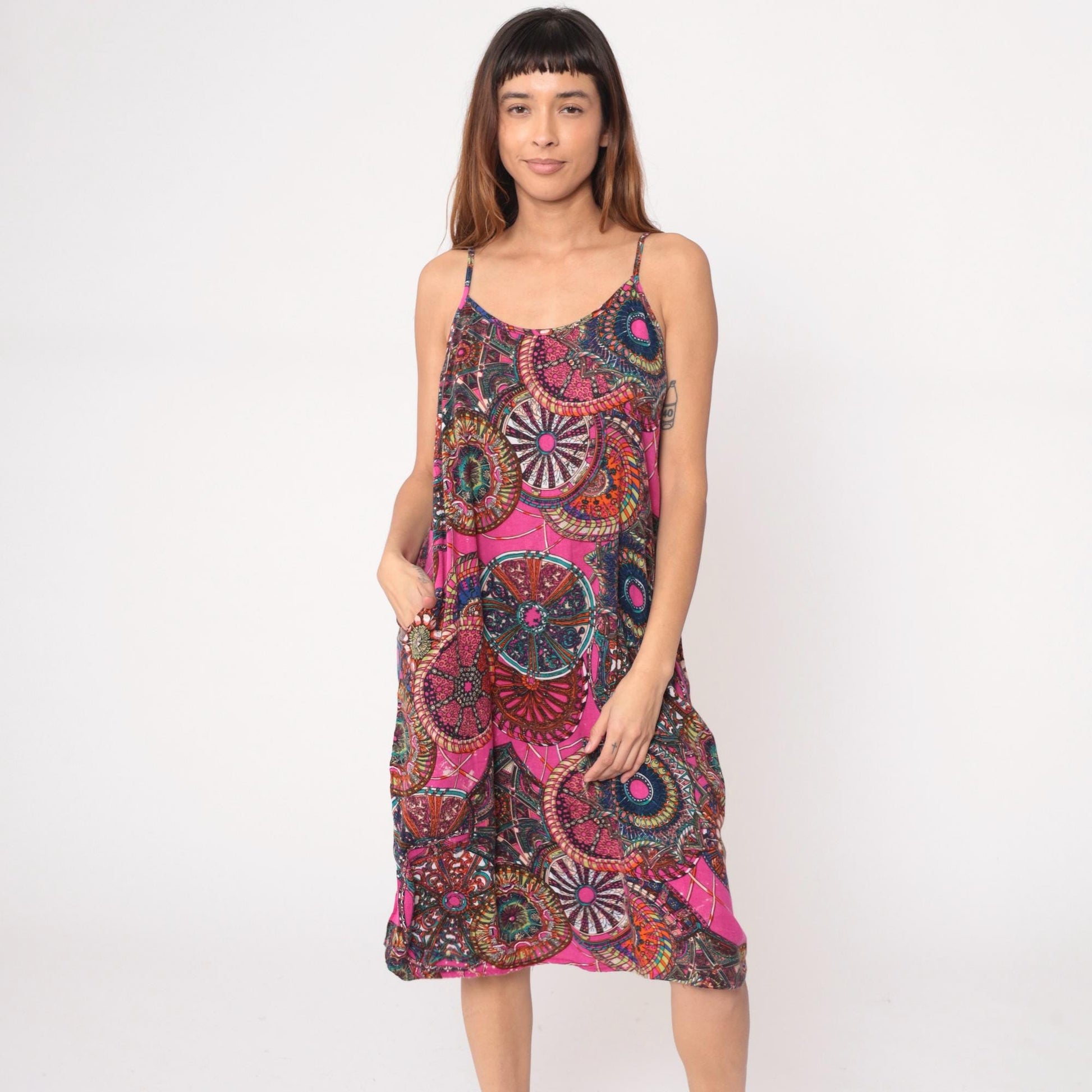 Y2K Psychedelic Mandala Slip Dress Pink Purple Spaghetti Strap Large L