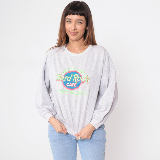 90s Hard Rock Cafe Puerto Vallarta Sweatshirt Heather Grey Embroidered Logo Large