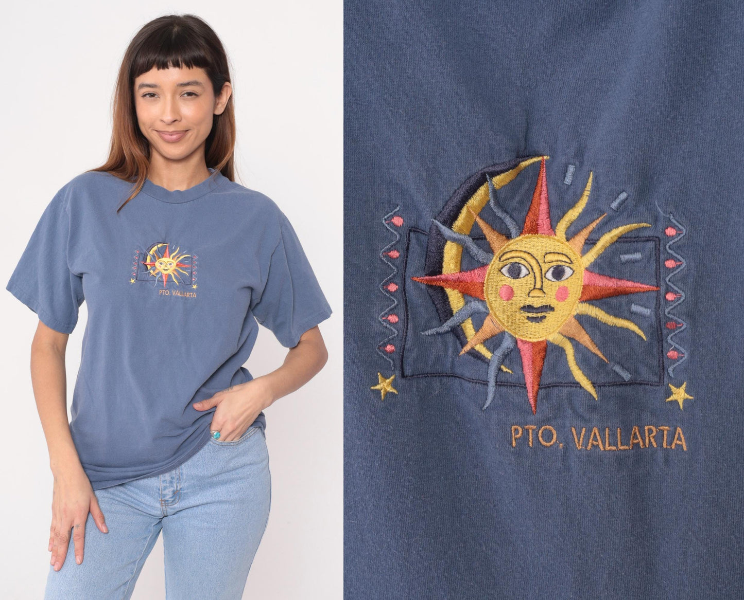 90s Yacht Club Puerto Vallarta Tee Sun Moon Embroidered Graphic Blue Medium