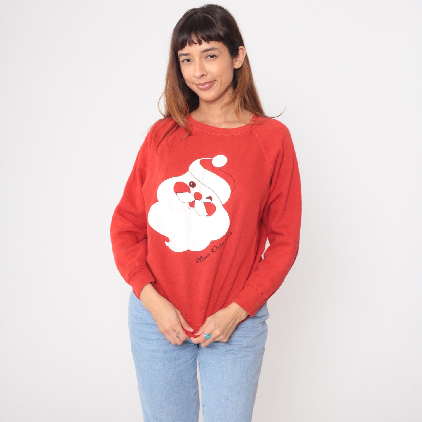 80s Santa Claus New Orleans Red Raglan Sweatshirt Christmas Graphic Medium