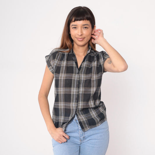 90s Bonjour Black White Plaid Short Sleeve Shirt Small