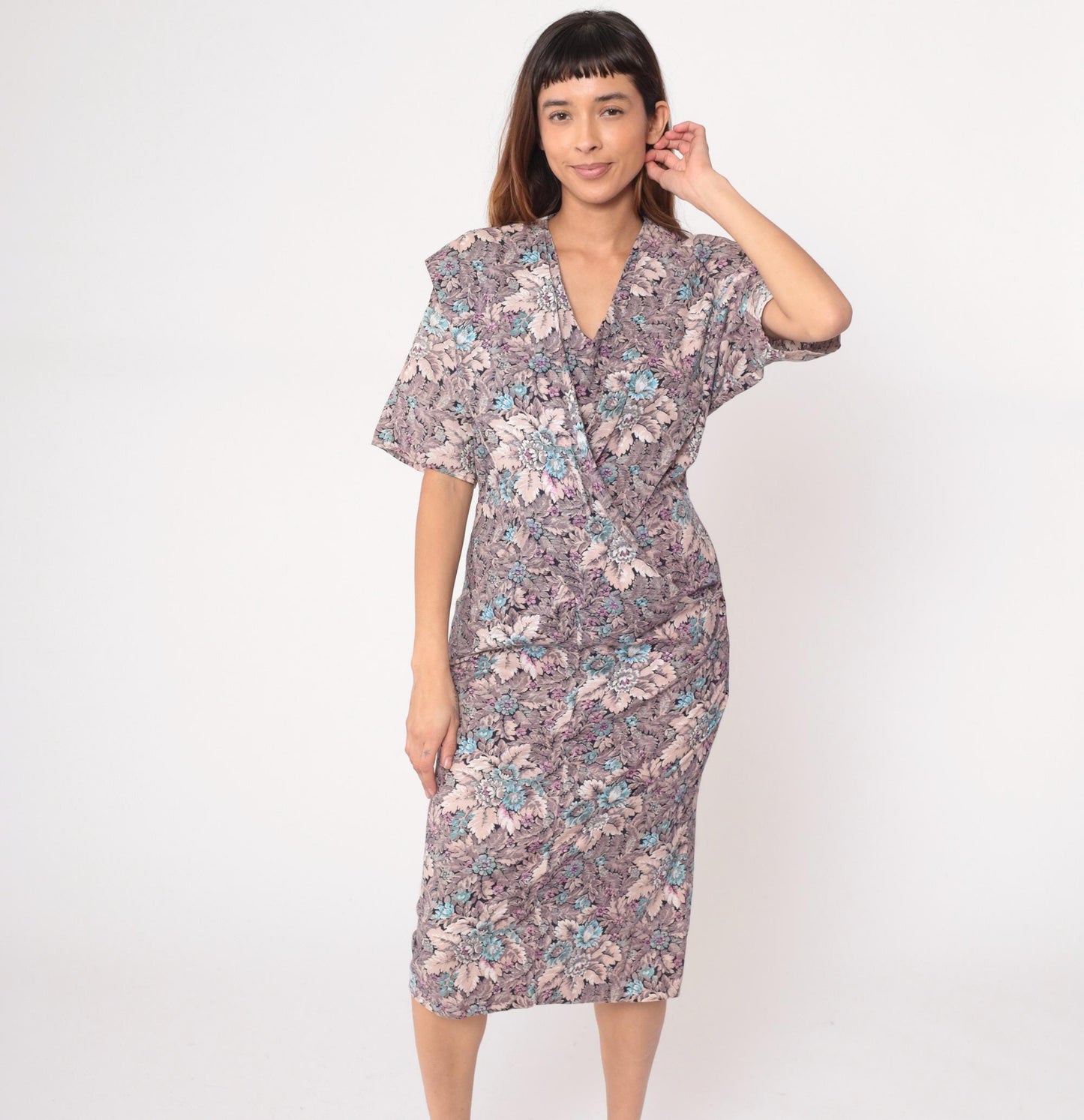 90s Pea Patch Floral Knee-Length Dress V-Neck Cotton Grey Medium
