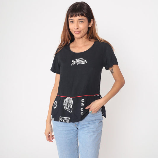 90s Sidan Black Fish Skeleton Nautical Print T-Shirt Small S
