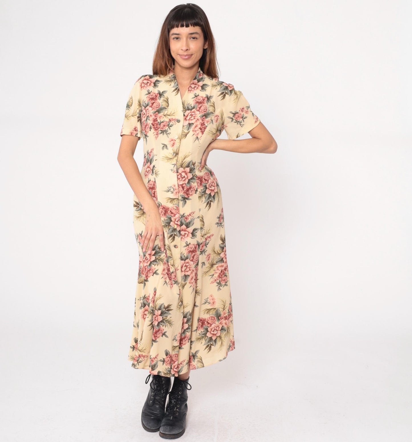 90s Yellow Floral Maxi Dress Pink Roses V-Neck Short Sleeve Medium