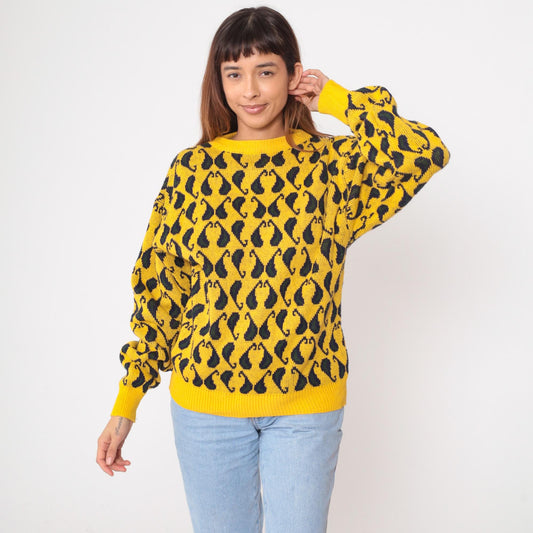 90s Yellow Black Paisley Knit Sweater Crewneck Pullover Medium M