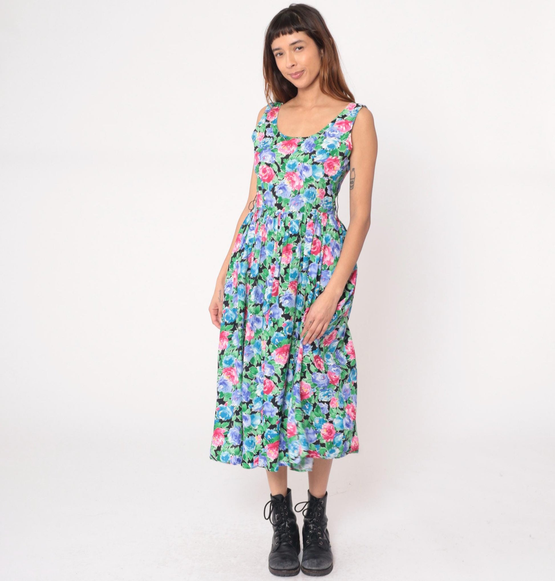 90s Warren Z Floral Maxi Dress Watercolor Rose Print Sleeveless Small
