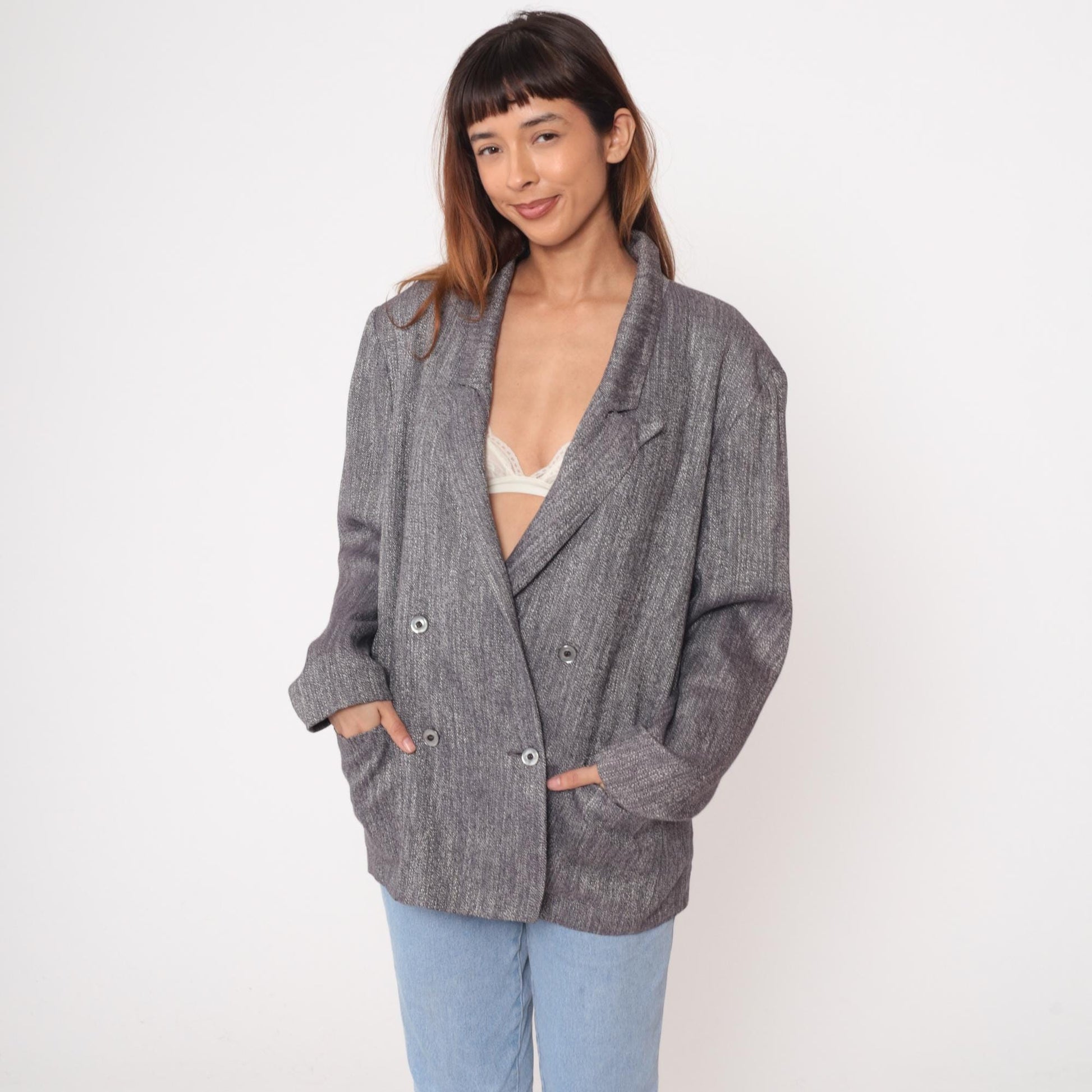 80s Metra by Jantzen Double Breasted Blazer Charcoal Herringbone Peak Lapel Extra Large