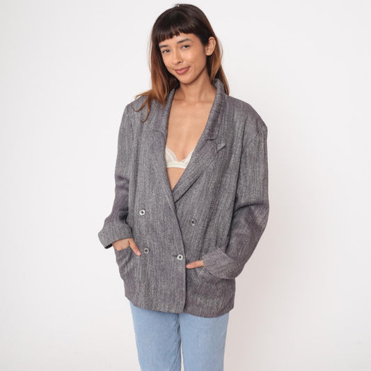 80s Metra by Jantzen Double Breasted Blazer Charcoal Herringbone Peak Lapel Extra Large