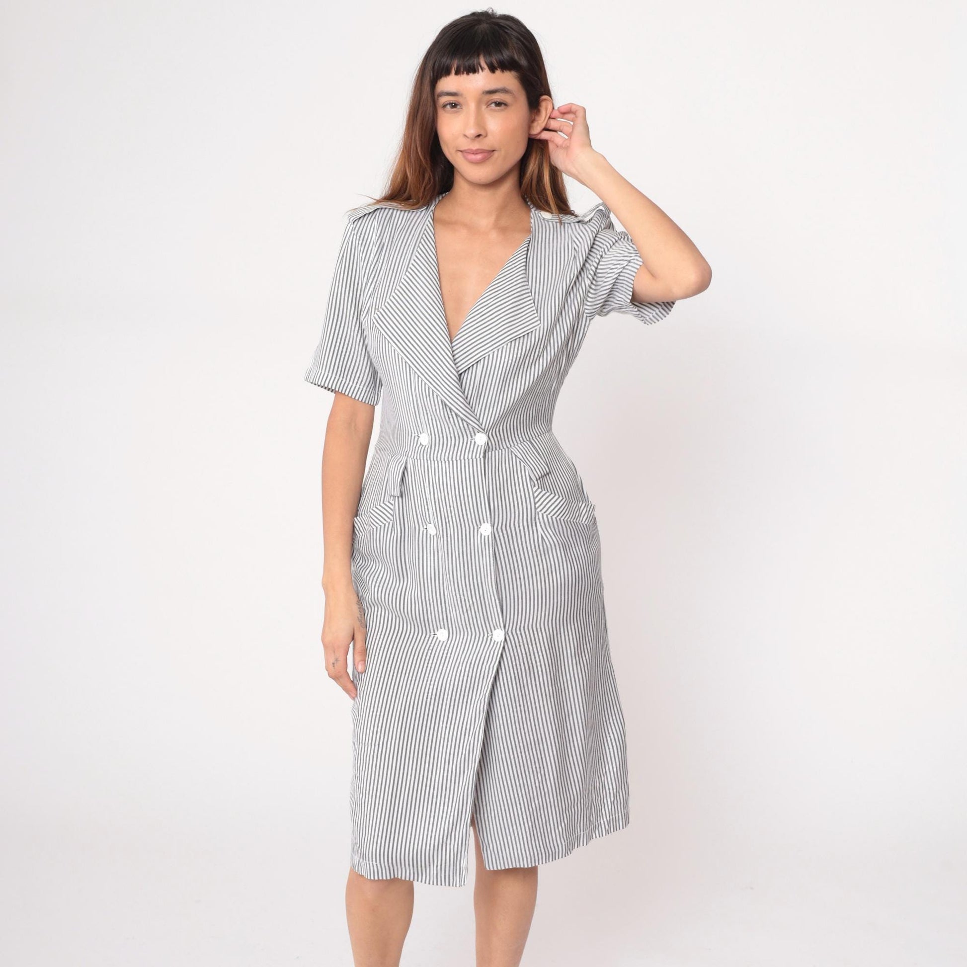90s Pinstriped Blazer Dress Grey White Double Breasted Midi Medium M