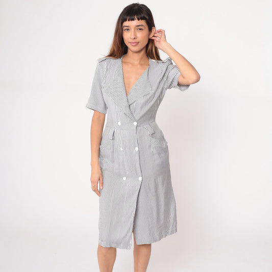 90s Pinstriped Blazer Dress Grey White Double Breasted Midi Medium M