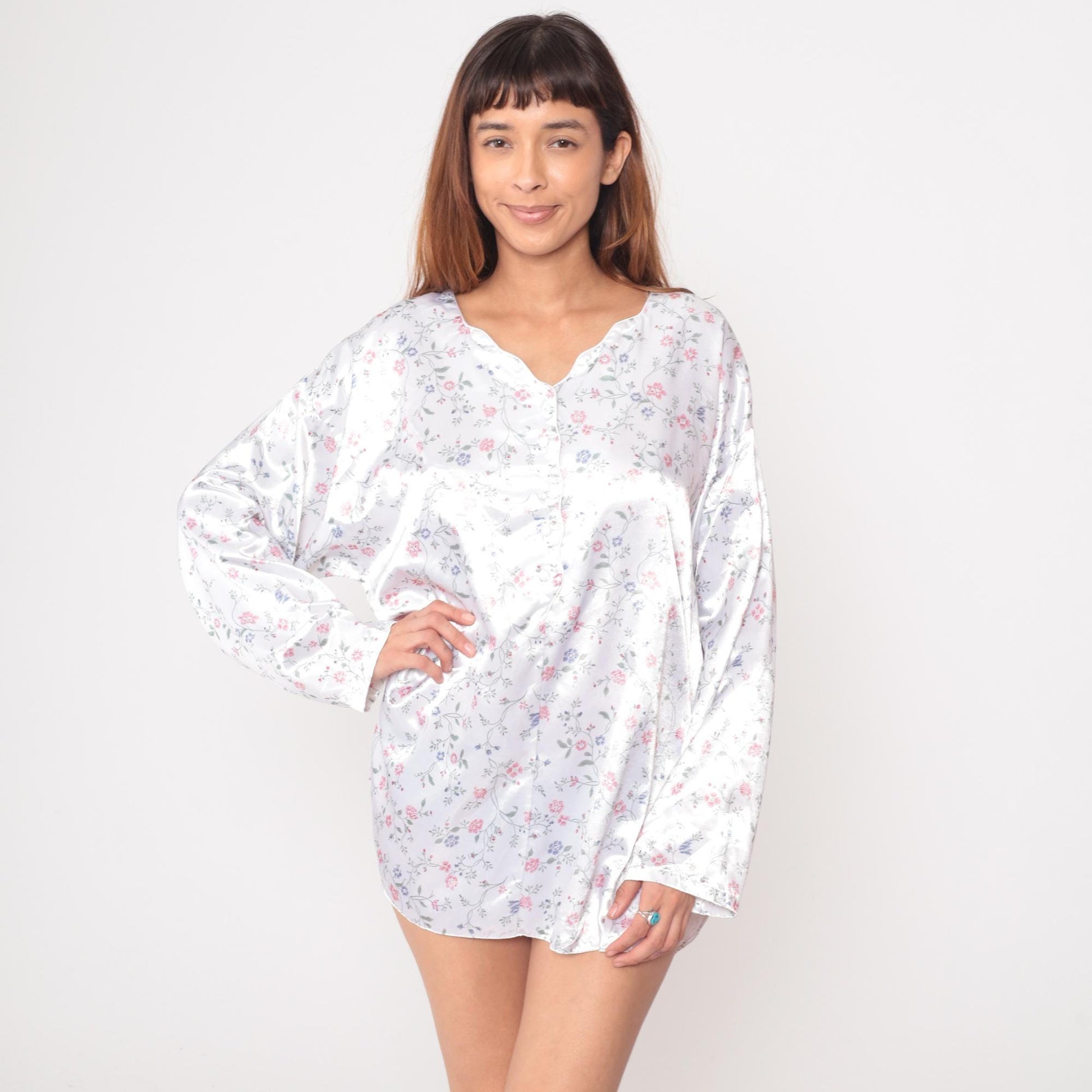 90s Gilligan O'Malley Floral Nightgown White Pink Blue Flowers V-Neck Extra Large XXL