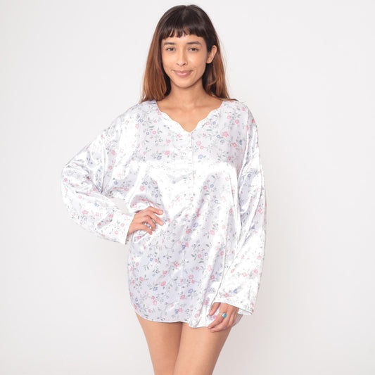 90s Gilligan O'Malley Floral Nightgown White Pink Blue Flowers V-Neck Extra Large XXL