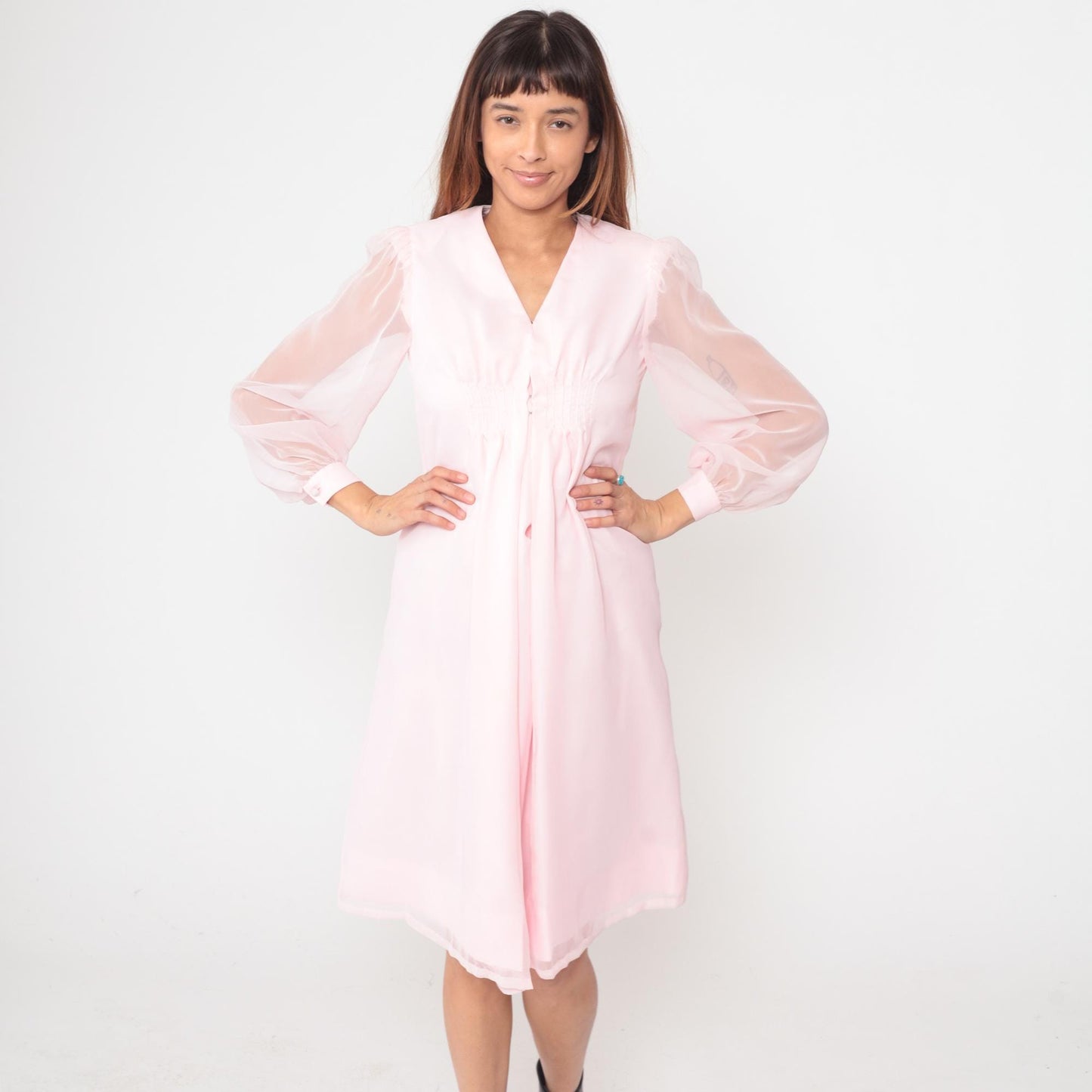 70s Pink Polyester Dress V-Neck Button Front Knee-Length Small