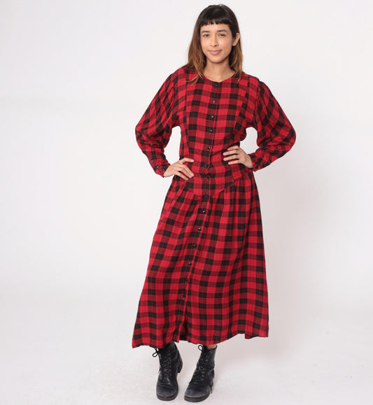 90s Phool Buffalo Plaid Maxi Dress Red Black Check Button Front Medium M