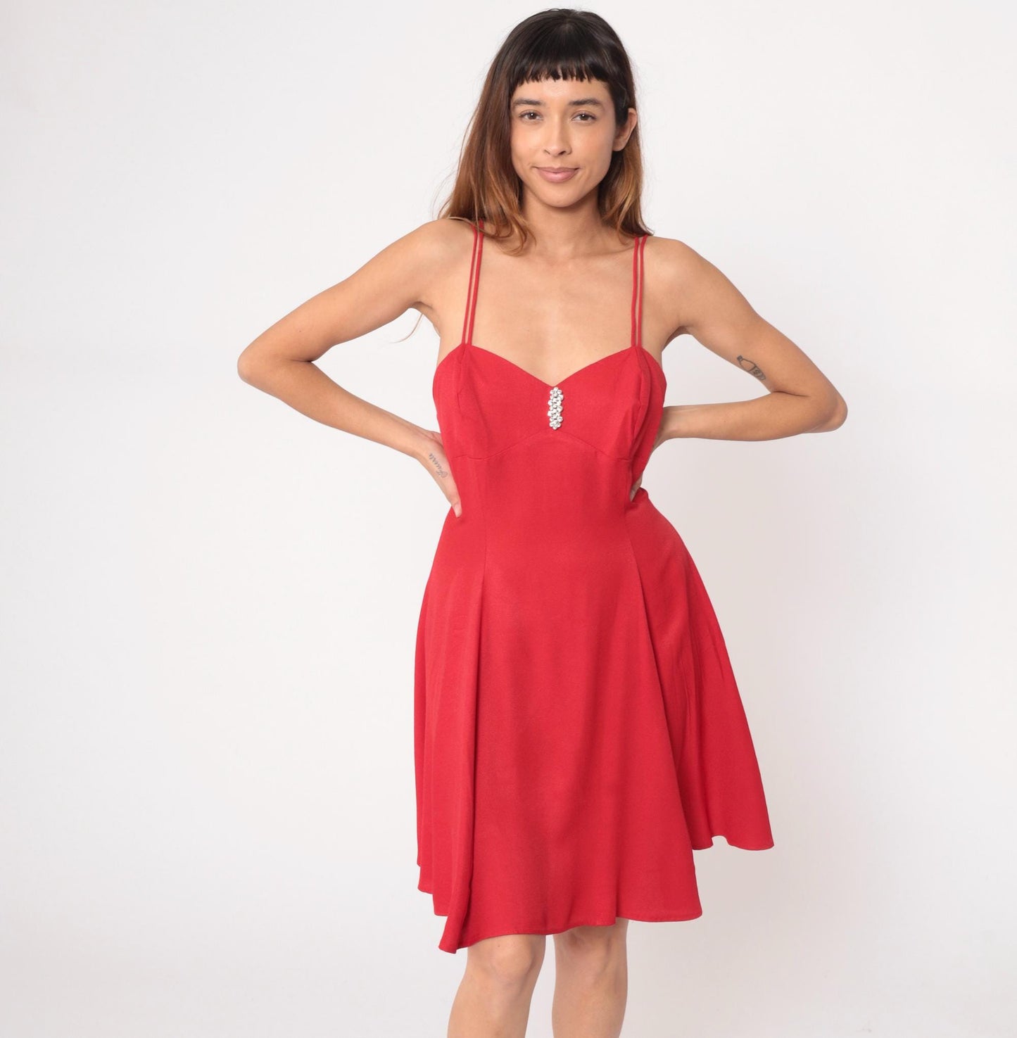 90s Red Mini Dress Sweetheart Neckline Rhinestone Filigree Ltd Medium M