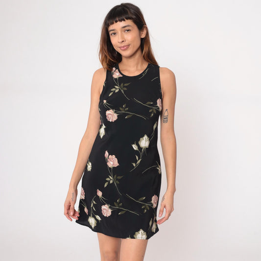 90s Sense Floral Mini Dress Black Pink Rose Keyhole Back Medium M