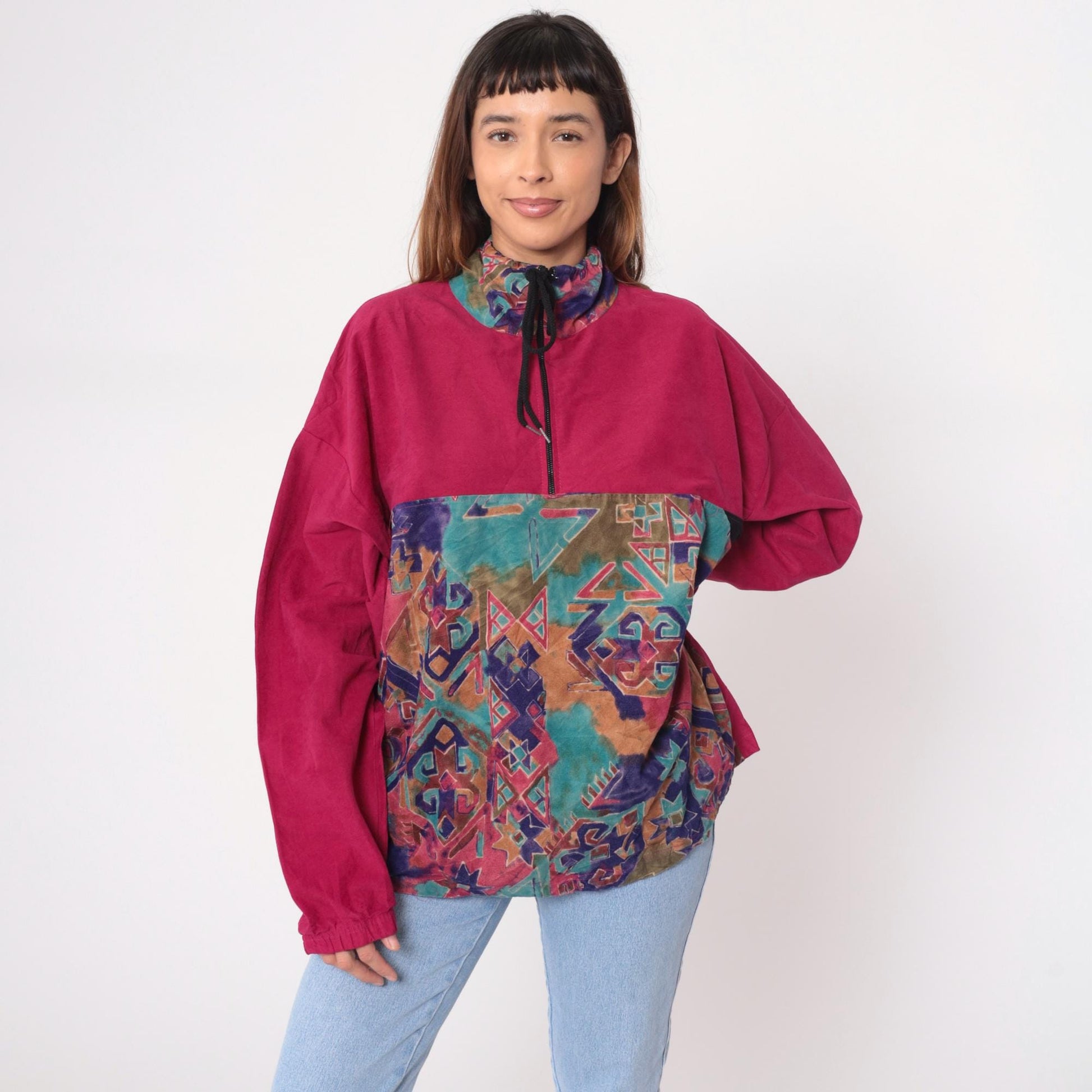 90s Sun Triangle Hot Pink Fleece Half-Zip Pullover Geometric Pattern Large