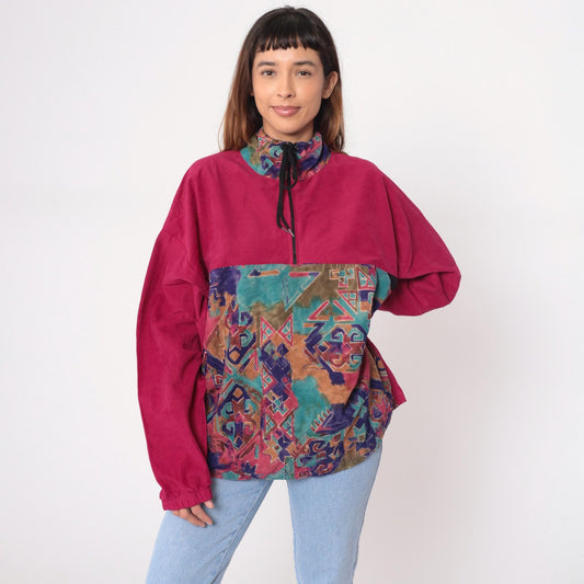 90s Sun Triangle Hot Pink Fleece Half-Zip Pullover Geometric Pattern Large