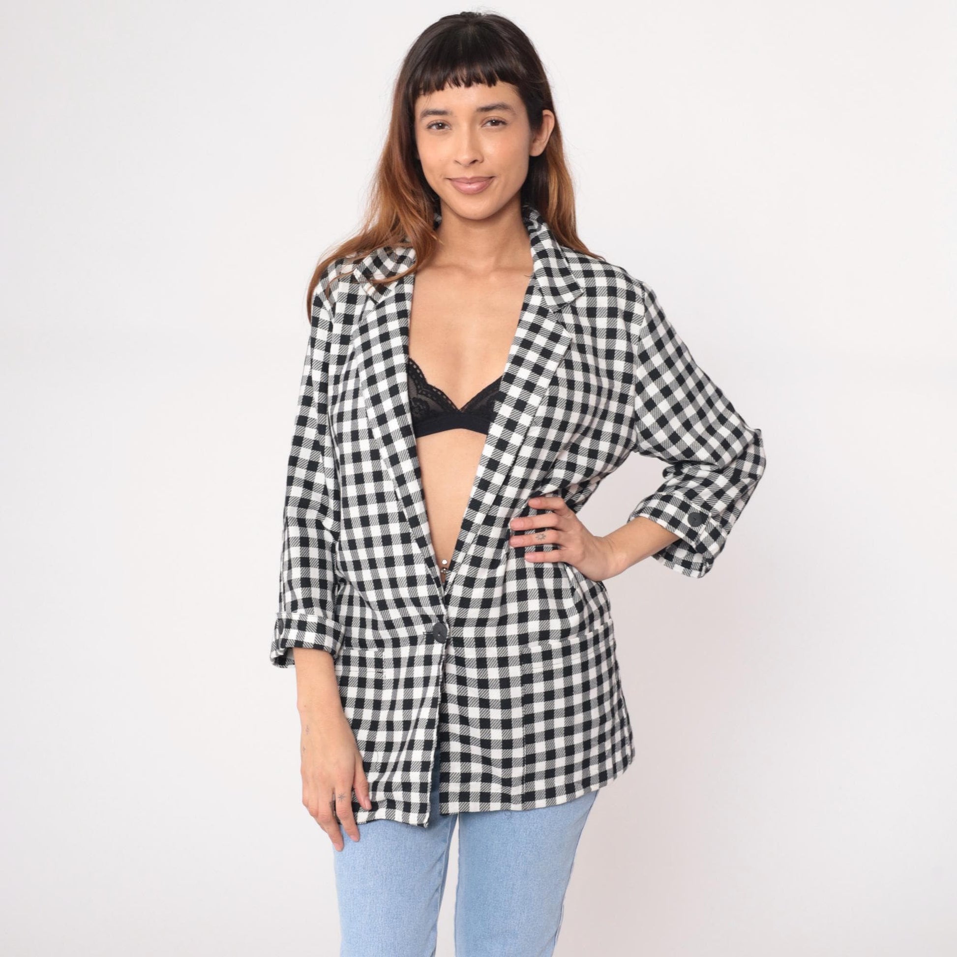 90s Kenneth Mitchell Black White Gingham Blazer Notched Collar Medium