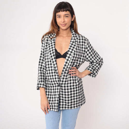 90s Kenneth Mitchell Black White Gingham Blazer Notched Collar Medium