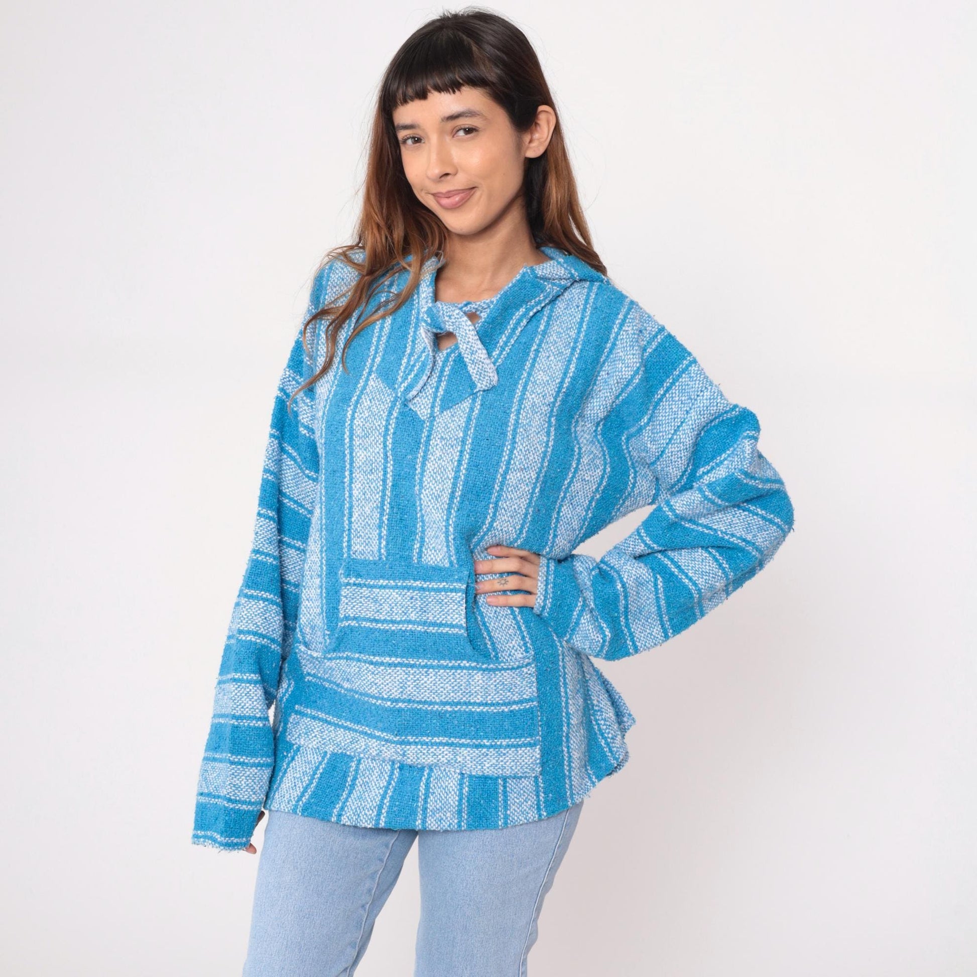 90s Blue White Striped Baja Hoodie Pullover Kangaroo Pocket Large