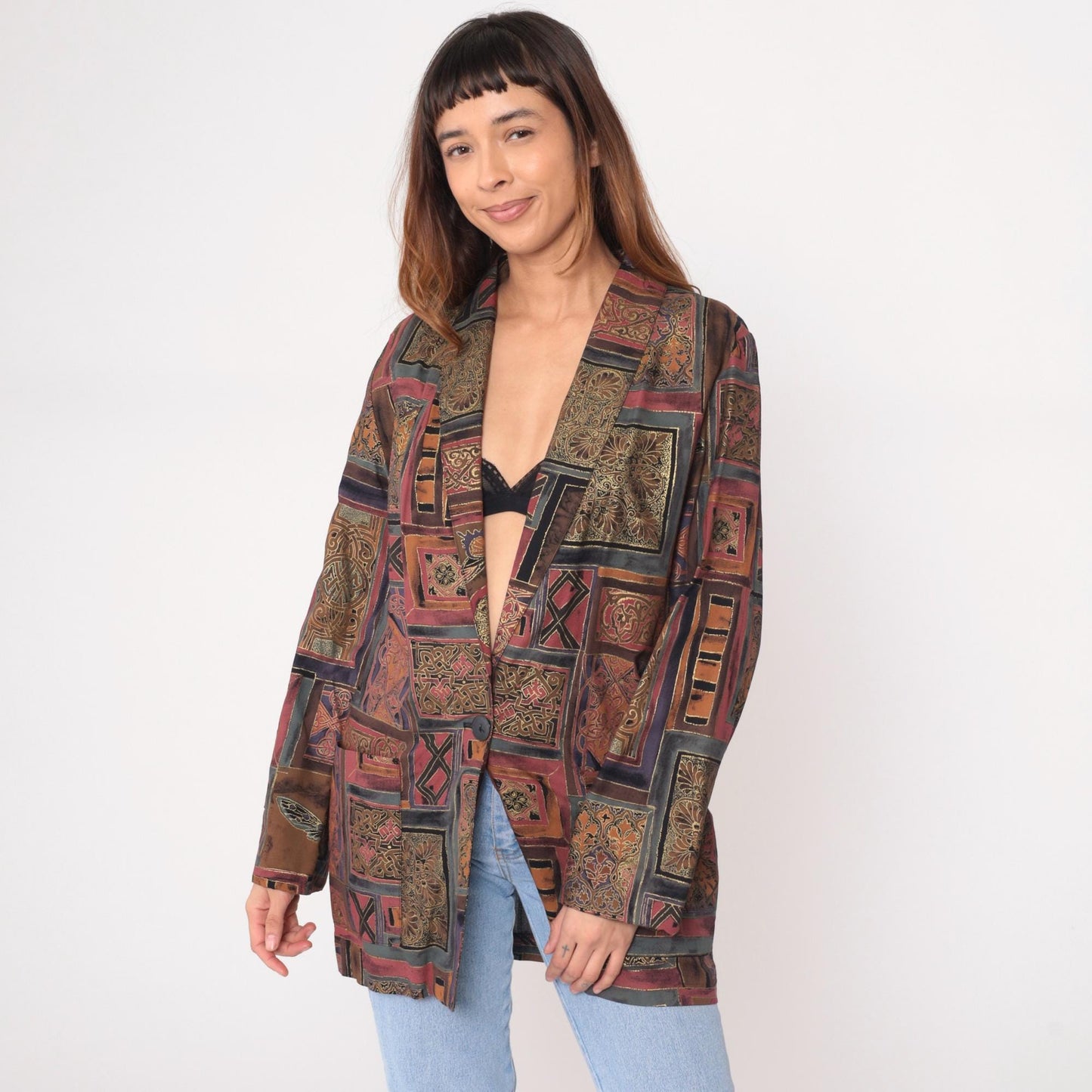 90s Kensington Square Patchwork Blazer Burgundy Brown Geometric Medium M