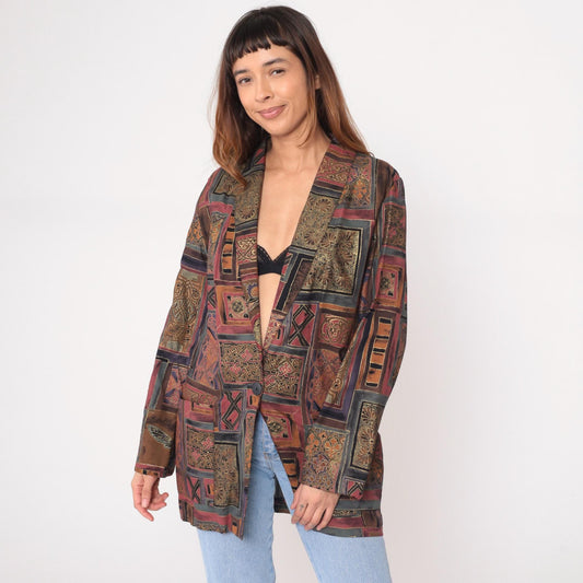 90s Kensington Square Patchwork Blazer Burgundy Brown Geometric Medium M