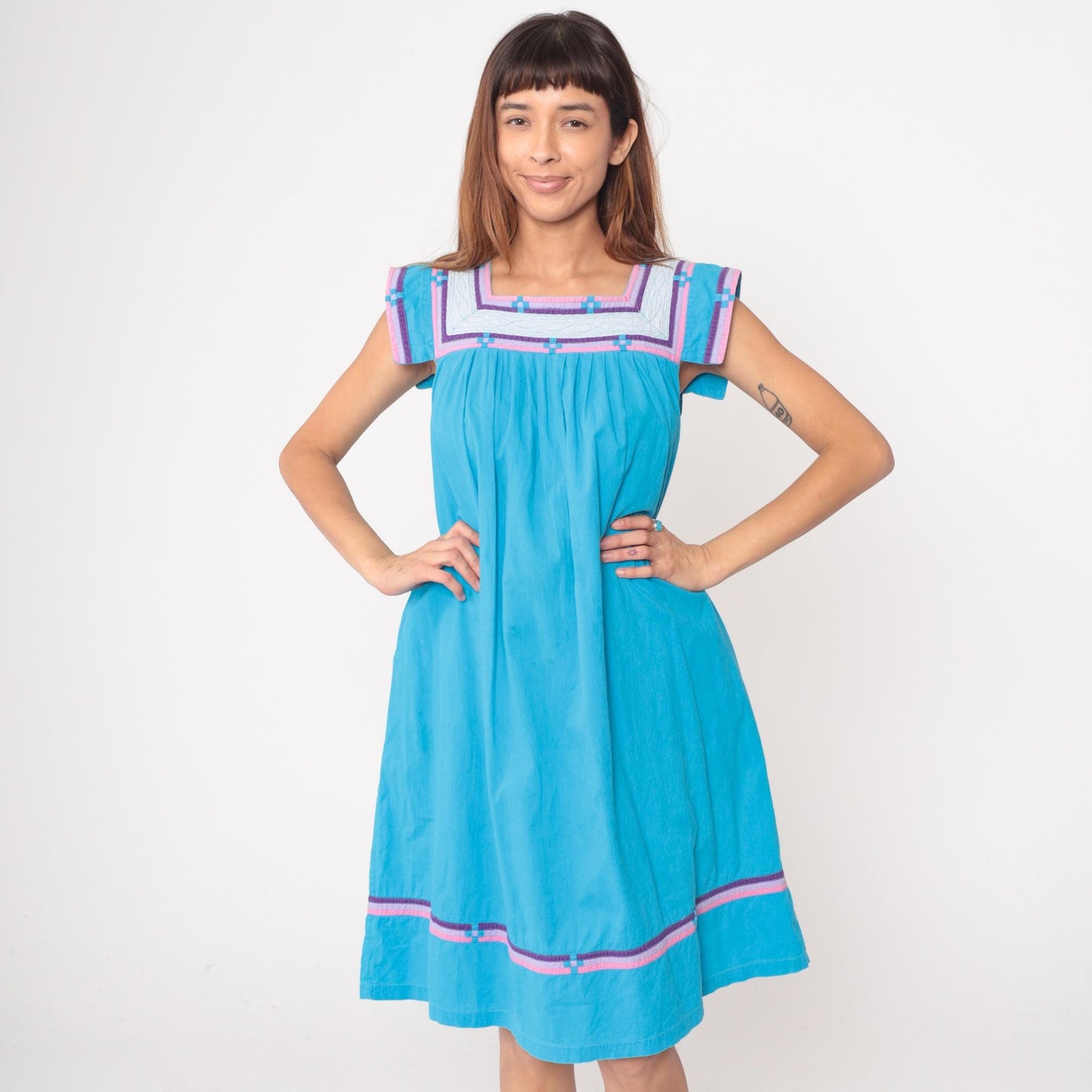 80s Turquoise Terry Cloth Dress Empire Waist Geometric Trim Cotton Large