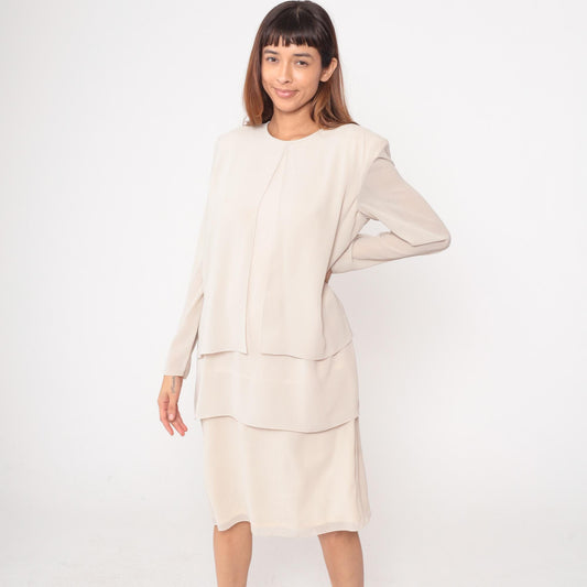 90s After Dark Cream Layered Dress Long Sleeve Round Neck Large L