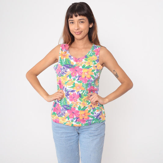 90s Tropical Floral Tank Top White Pink Orange Yellow Purple Medium
