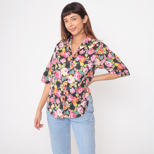 90s Sure Thing of California Black Floral Button Down Shirt Medium M