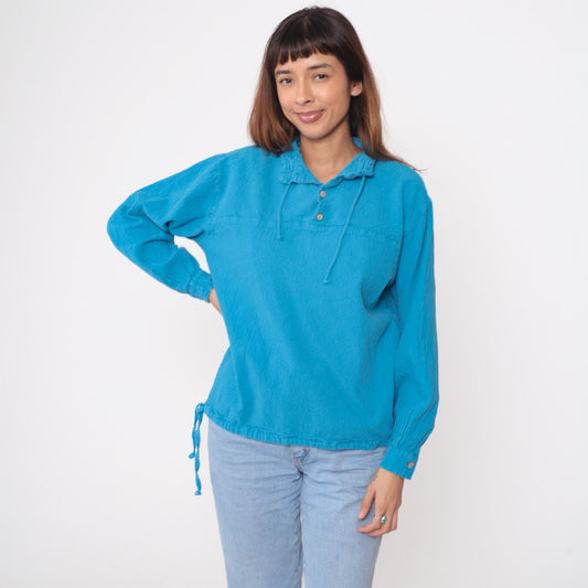 90s Sea Breeze Turquoise Cotton Blouse Peter Pan Collar Button Front Small