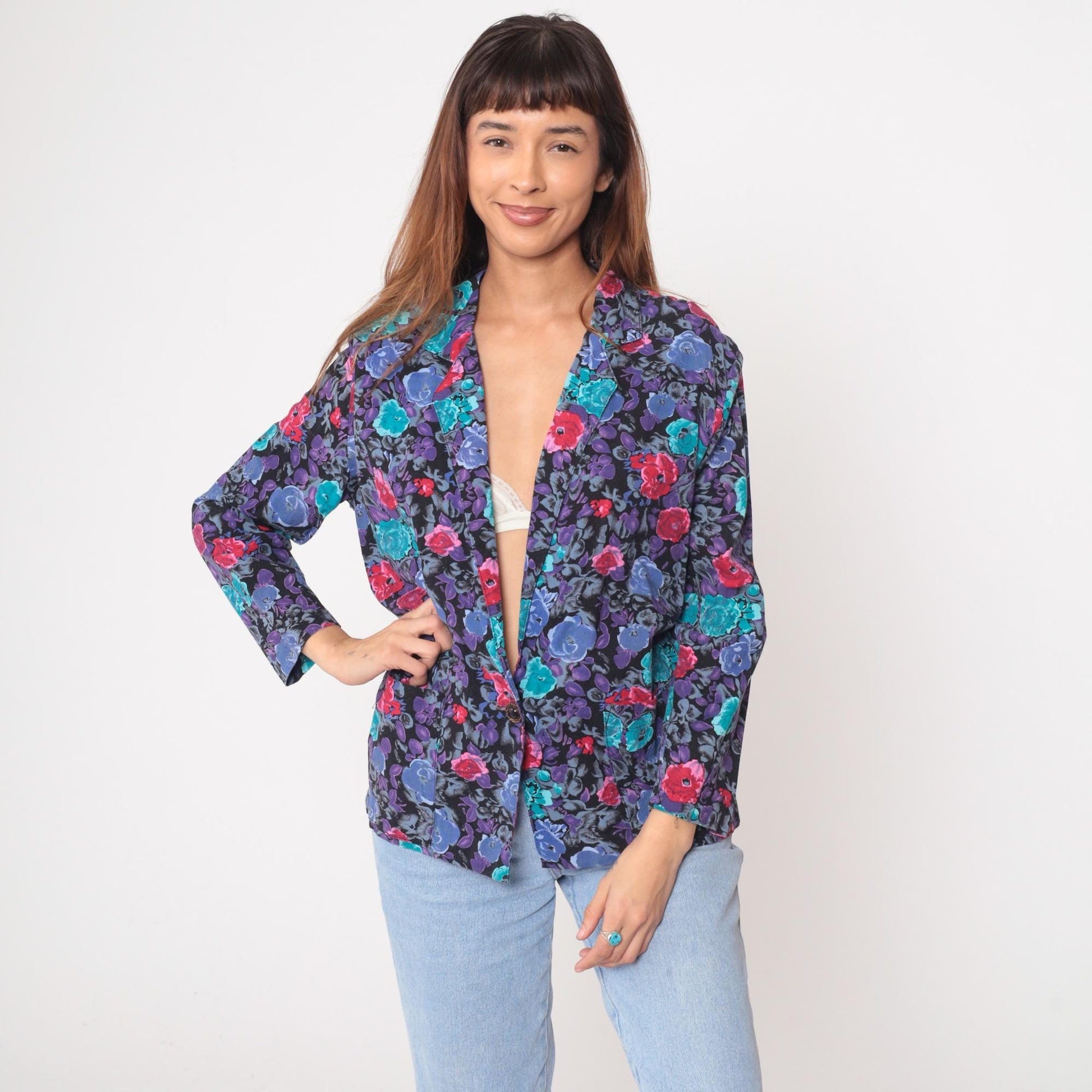 90s Floral Blazer Single Button Notched Lapel Long Sleeve Black Multi Medium M