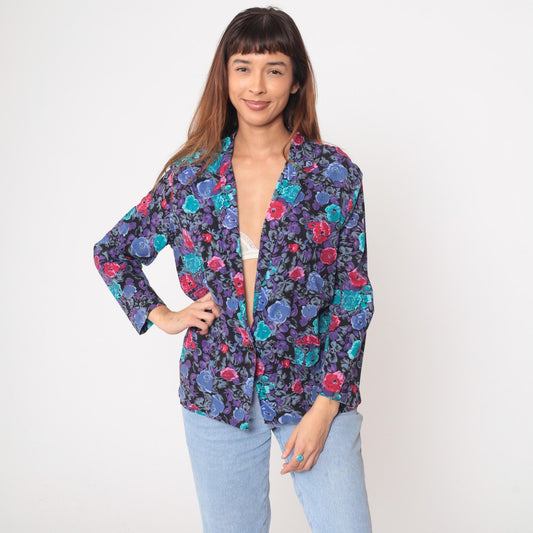 90s Floral Blazer Single Button Notched Lapel Long Sleeve Black Multi Medium M