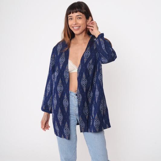 80s Navy Ikat Diamond Kimono Cardigan Cotton Open Front Medium