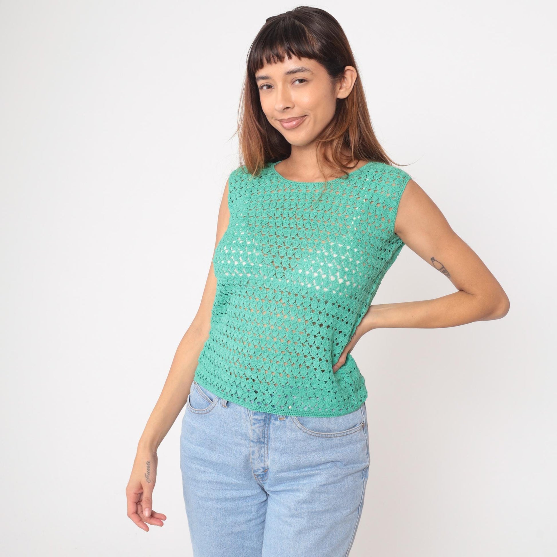 70s Turquoise Crochet Knit Sleeveless Tank Top Open Stitch Small