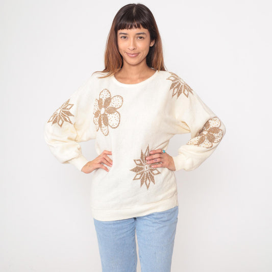 80s Nilani Cream Beaded Sweater Gold Floral Sequin Pullover Medium M