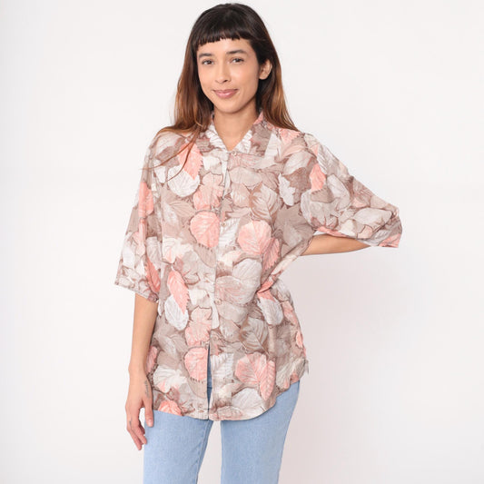 90s Silk Leaf Botanical Blouse Pointed Collar Three-Quarter Sleeve Beige Medium M